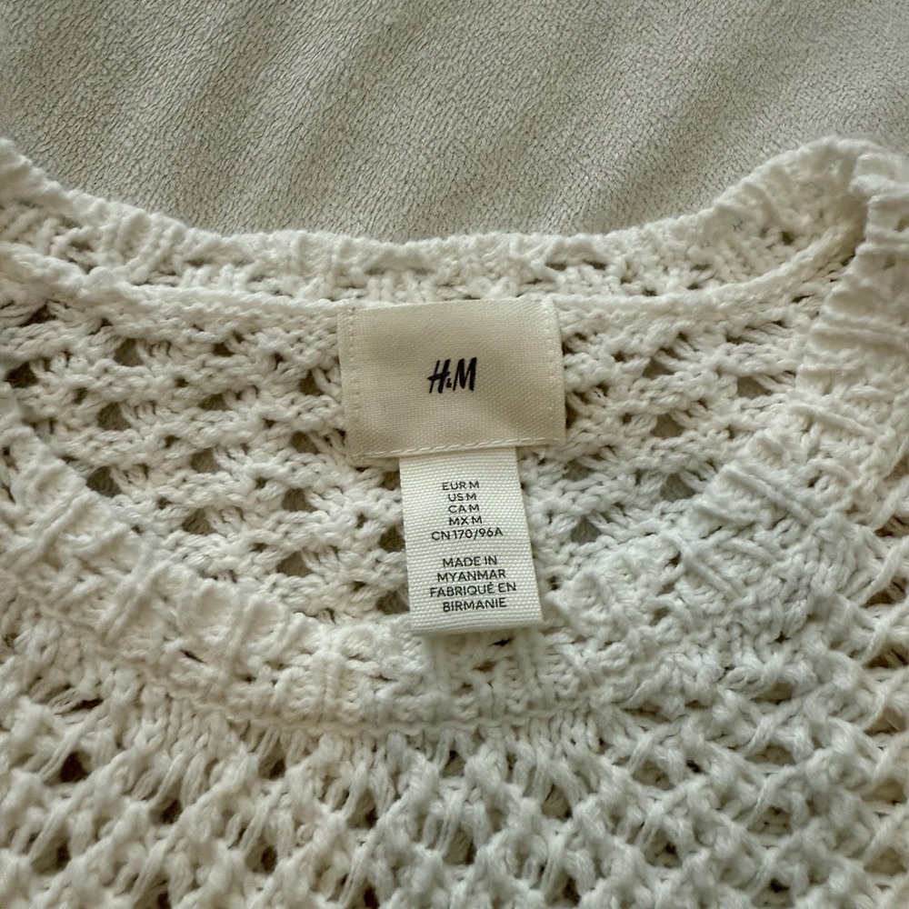 H&M Pointelle Knit Crochet Top Flutter Sleeves Women's White Medium Cottage Core - Picture 3 of 4